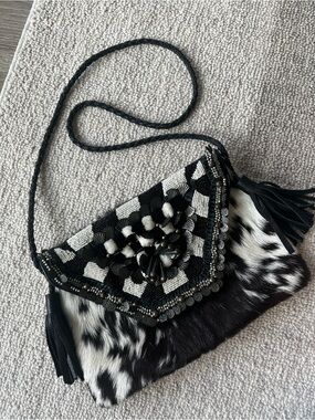 Ibban x Anthropologie Black & White Beaded Fringe Crossbody Bag